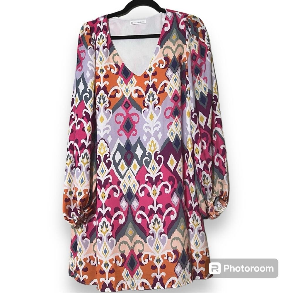 FSL + apparel womens sz large pullover long sleeve v-neck dress colorful lined